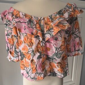 Anthropologie Floral Ruffle Blouse - Pink and Orange